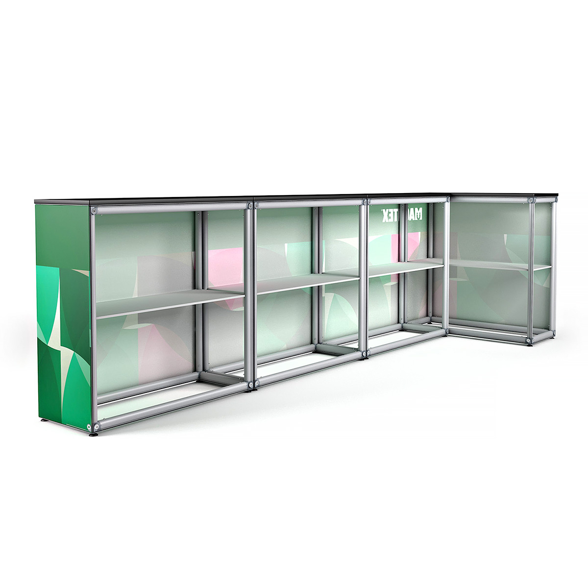 MAGNTEX® Exhibition Counter Display 4m Kit L-Shape Modular Configuration Back View With SEG Tension Fabric Graphic Wrap