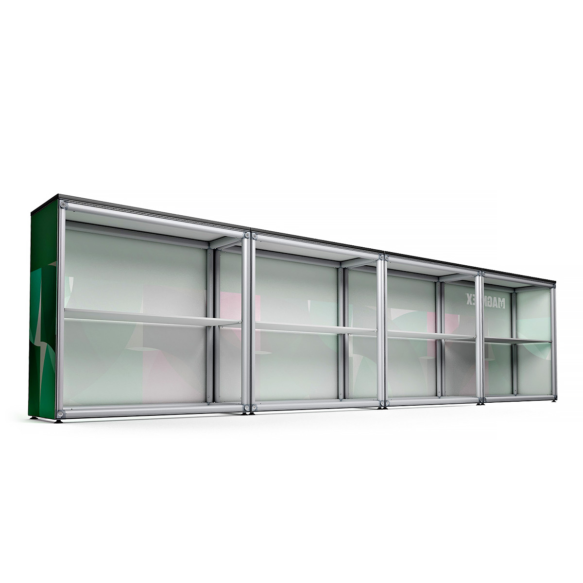 MAGNTEX® Exhibition Counter Display 4m Straight Back View with Custom Printed SEG Tension Fabric Graphics